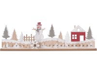 Fa dekoráció, adventi naptár 450×150 mm hóemberek a háttérben, házakkal, natúr, csillogó, fehér, szürke
