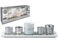 Svietnik sklo 6ks set 190x70x90mm na driev. tácky, biela strieborná
