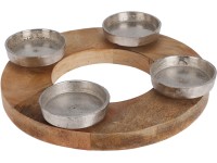 Fém gyertyatartó 270x270x45 mm Adventi 4 db teamécseshez fa alátéten, kerek , fekete