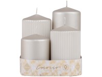 Emocio szett 4 db sima + bordás henger 65mm, Fém mat ezüst, gyertyák