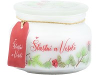 Emocio Vonná sviečka v skle Šťastné a veselé 100×79 mm so skleneným viečkom